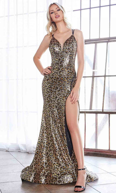 Cinderella Divine - CD0159 Leopard Print Zippered Slit Gown In Black and Brown