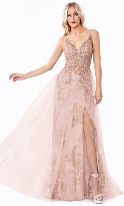 Cinderella Divine - CD0160 Embellished Slit A-Line Gown In Pink and Gold