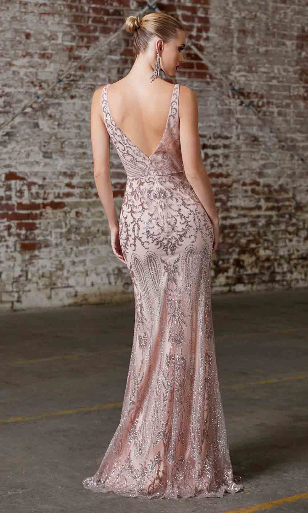 Cinderella Divine - CD0161 V Neck Glittered Sheath Gown In Pink and Gold