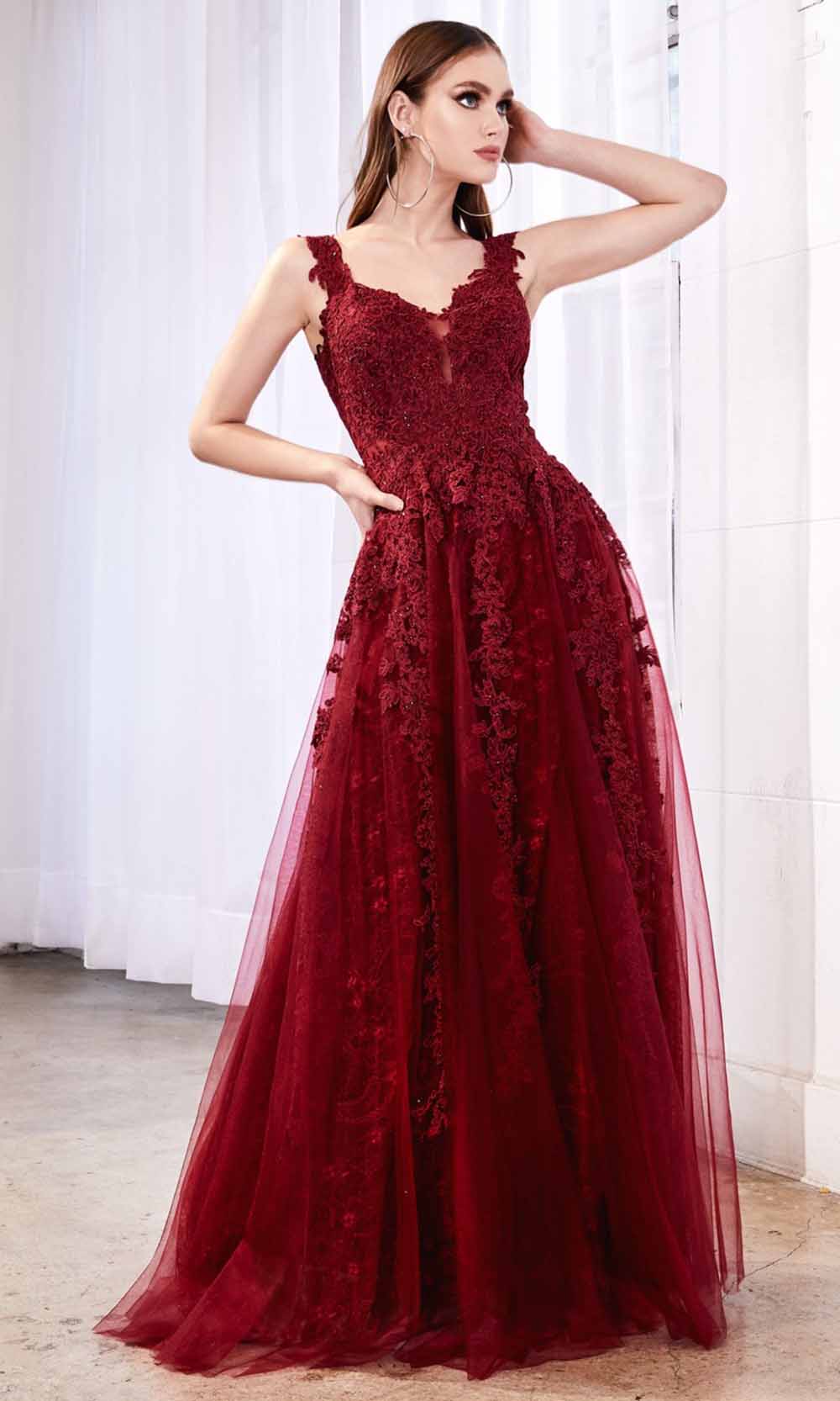 Cinderella Divine - CD4091 V Neck Lace Tulle A-Line Gown In Red