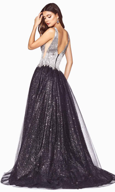 Cinderella Divine - CD70 Beaded Deep V Neck A-Line Gown In Black and Silver