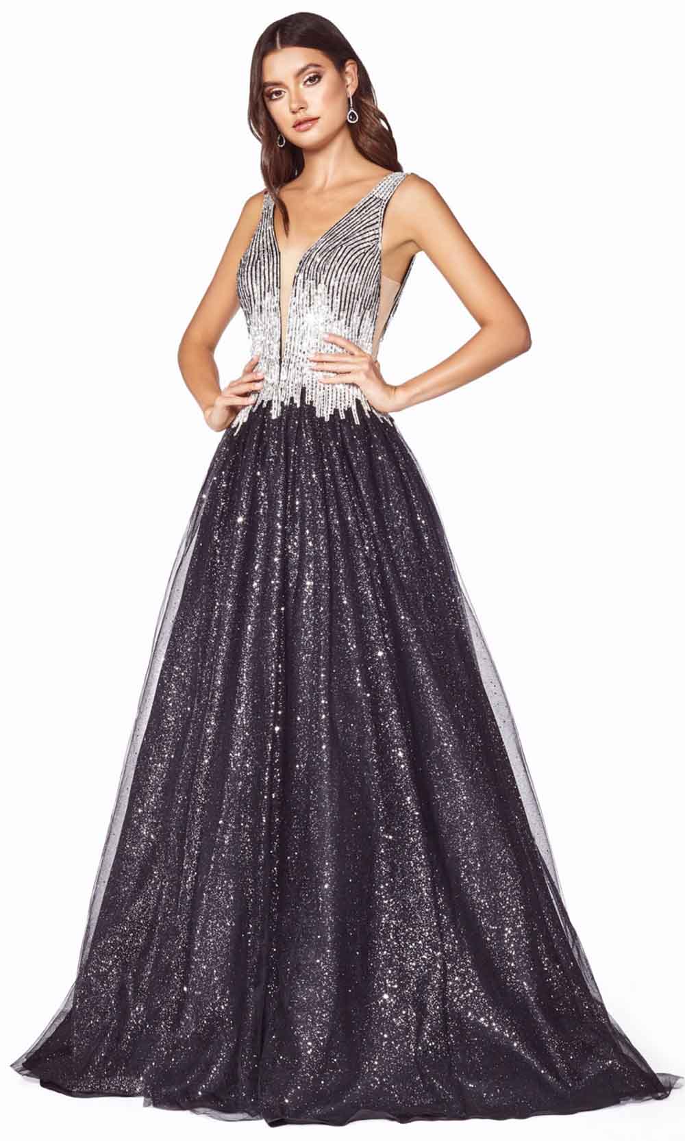 Cinderella Divine - CD70 Beaded Deep V Neck A-Line Gown In Black and Silver