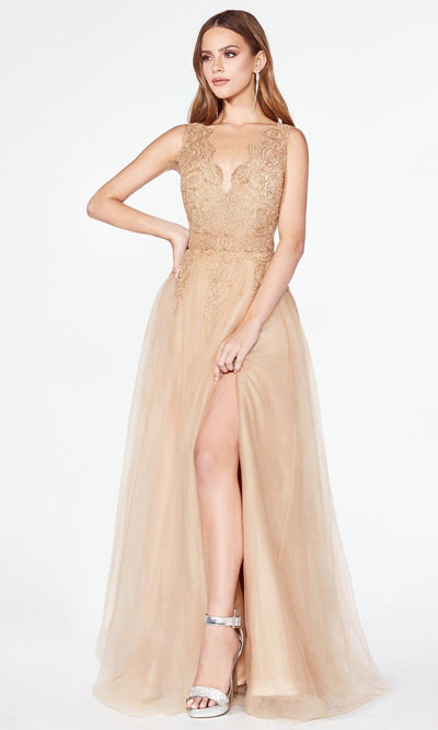 Cinderella Divine - CE0020 Embroidered Tulle A-Line Gown In Gold