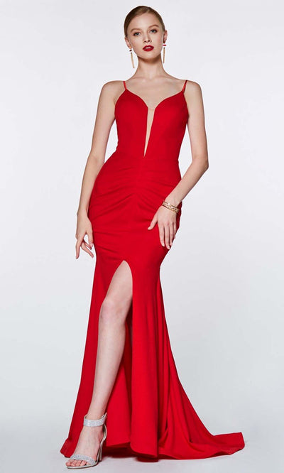 Cinderella Divine - CF329 Deep Neck Fitted Slit Gown In Red