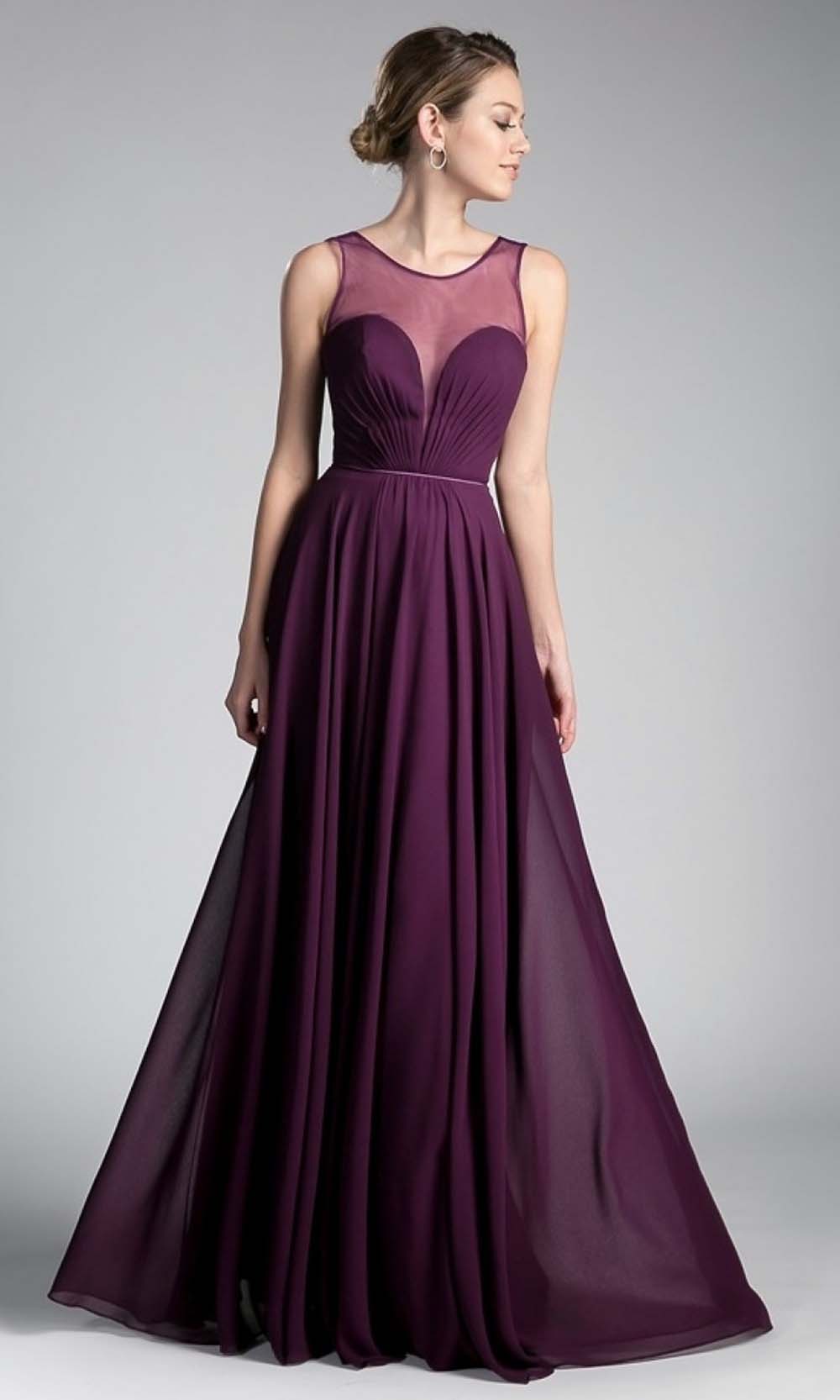 Cinderella Divine - CJ251 Illusion Neck Chiffon A-Line Gown In Purple