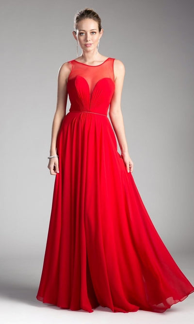 Cinderella Divine - CJ251 Illusion Neck Chiffon A-Line Gown In Red
