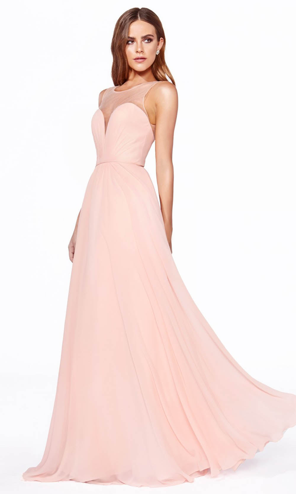 Cinderella Divine - CJ251 Illusion Neck Chiffon A-Line Gown In Pink
