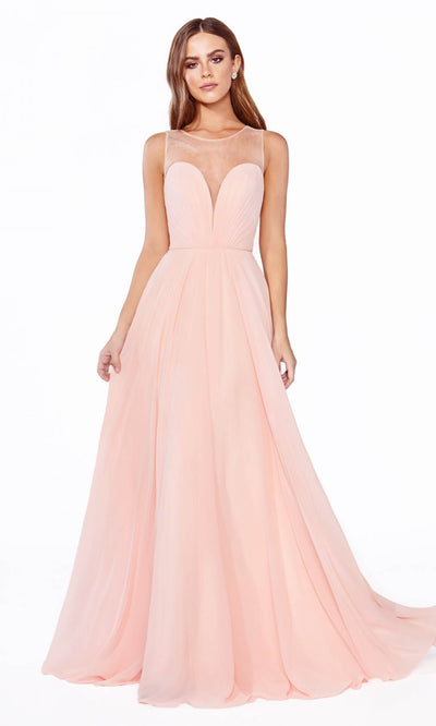 Cinderella Divine - CJ251 Illusion Neck Chiffon A-Line Gown In Pink