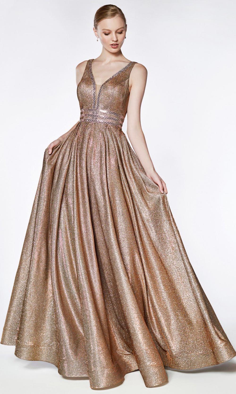 Cinderella Divine - CJ505 Deep V Neck A-Line Gown In Brown