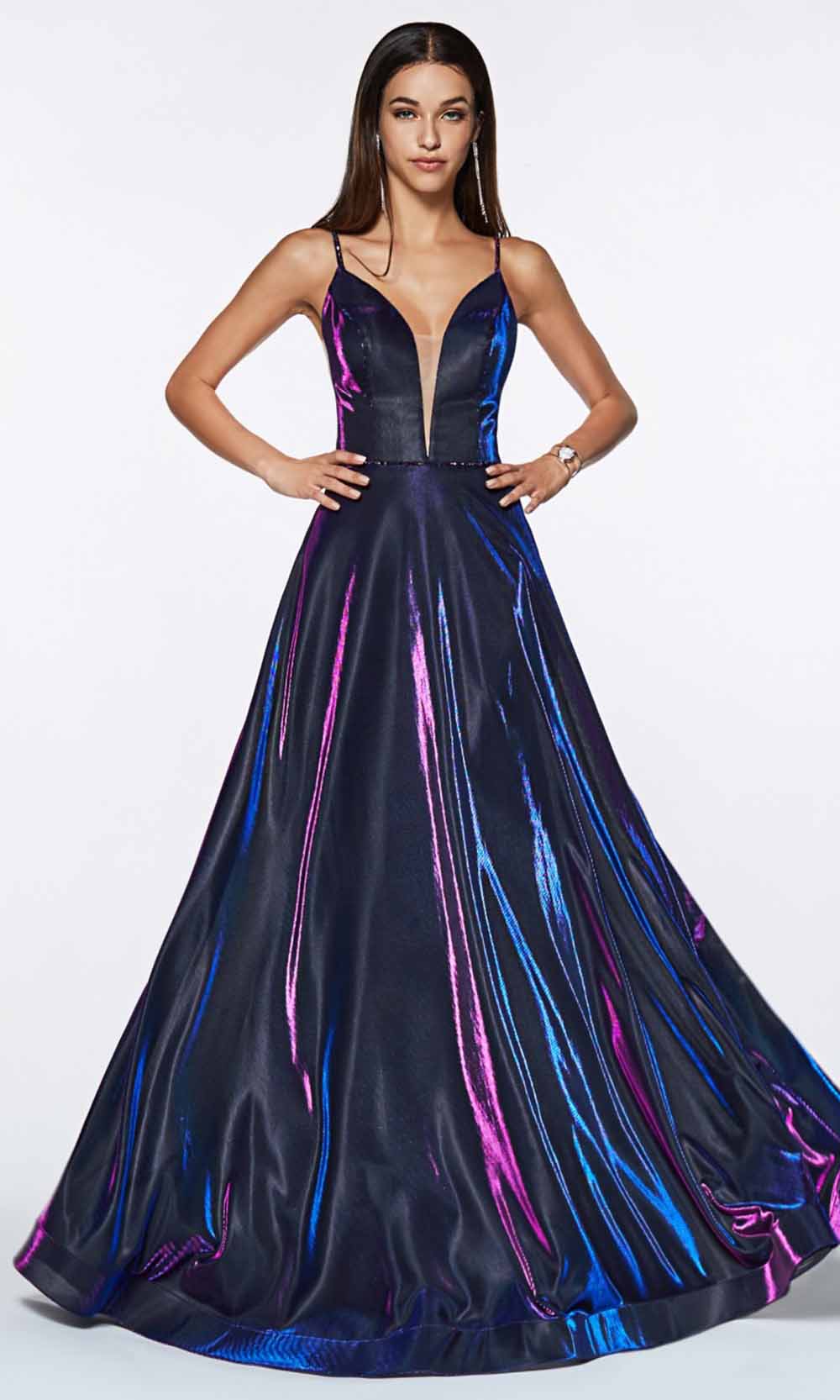 Cinderella Divine - CJ506 Deep V Neck A-Line Gown In Purple