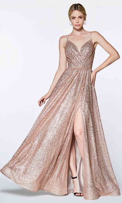Cinderella Divine - CJ510 Glitter V Neck A-Line Gown In Pink