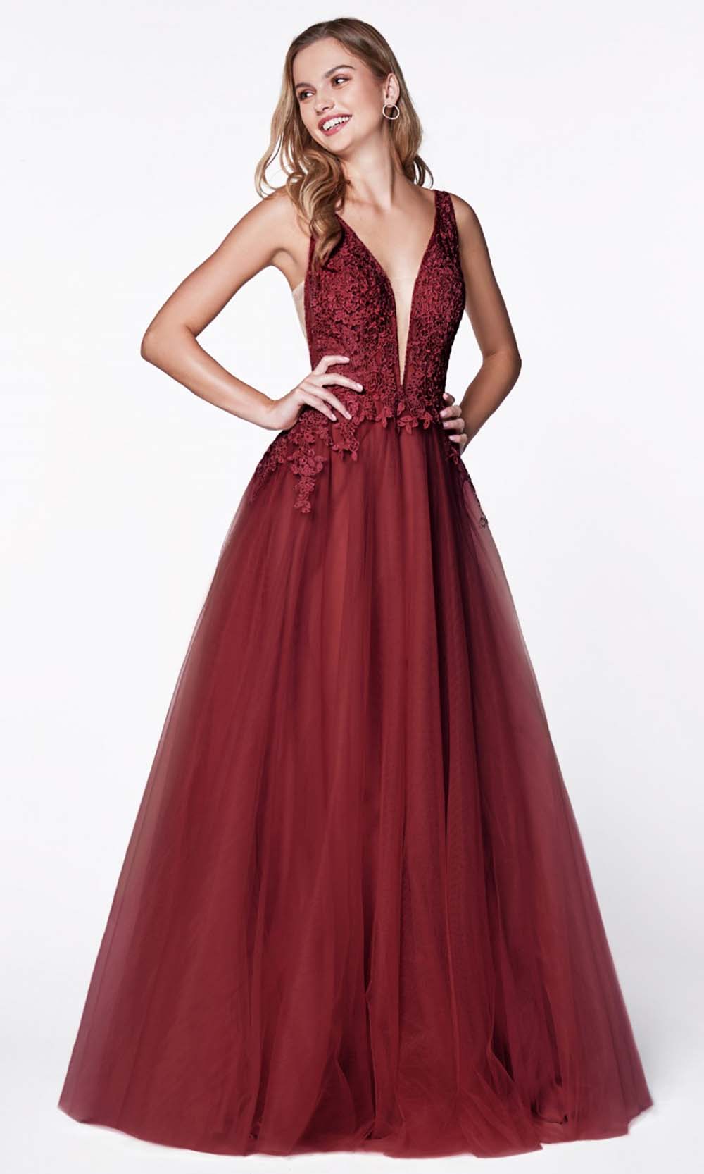 Cinderella Divine - CJ511 Jeweled Lace Tulle A-Line Dress In Red