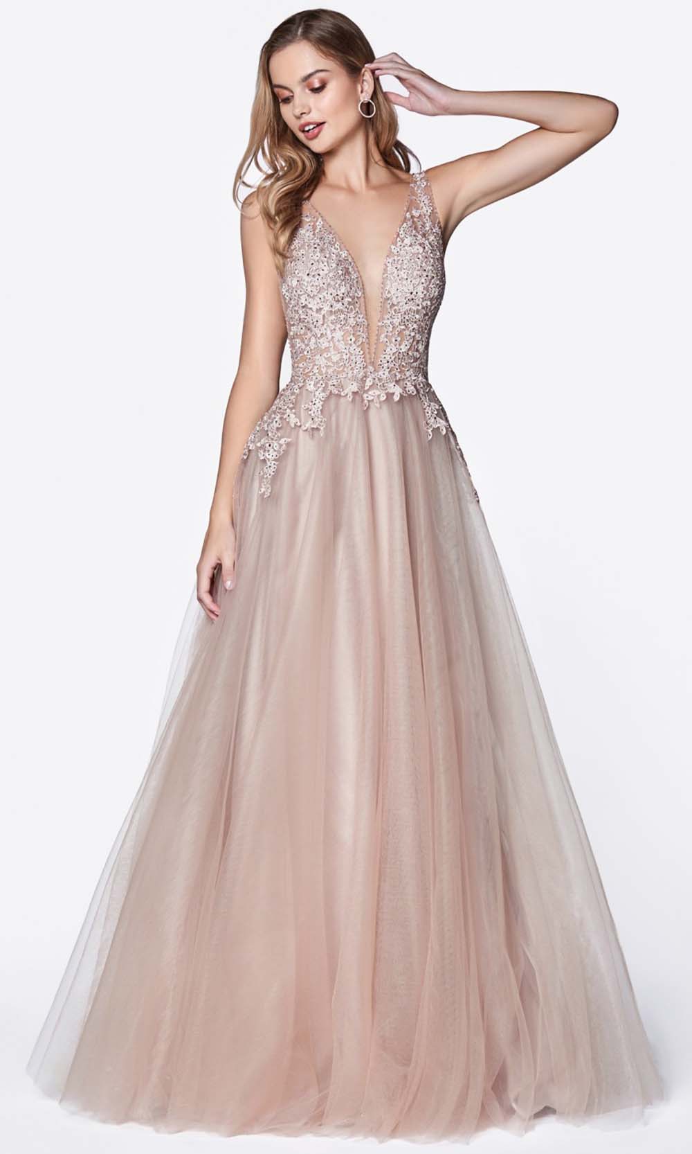 Cinderella Divine - CJ511 Jeweled Lace Tulle A-Line Dress In Neutral
