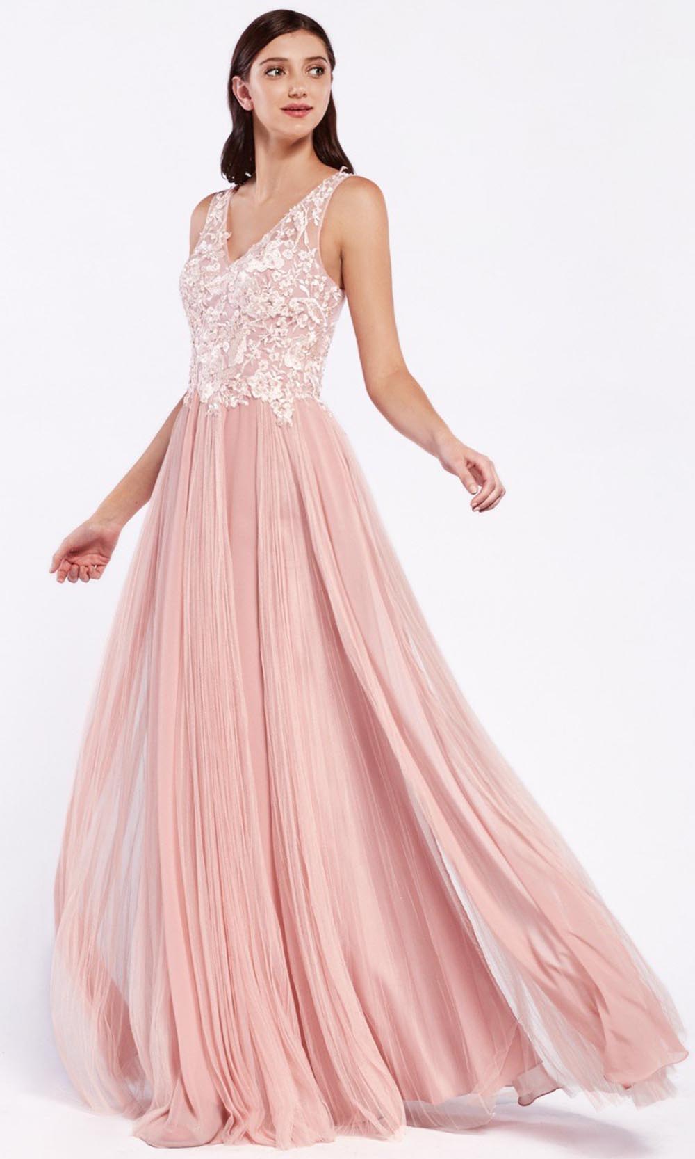Cinderella Divine - CJ528 Lace V Neck A-Line Gown In Pink
