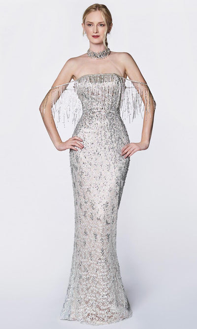 Cinderella Divine - CK809 Embellished Off Shoulder Dress In Silver and Neutral
