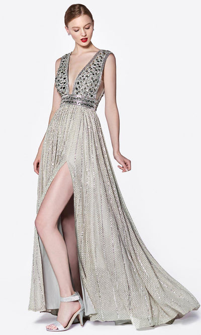Cinderella Divine - CK892 Plunging Metallic Long Dress In Silver