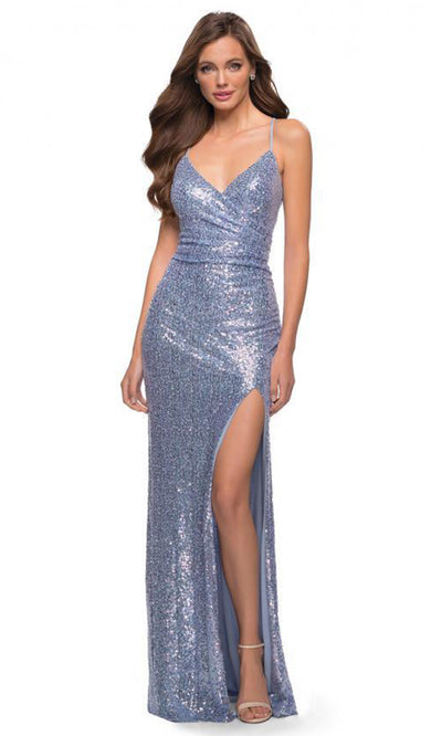 La Femme - 29913 Sleeveless V-Neck Sequin Dress In Blue 