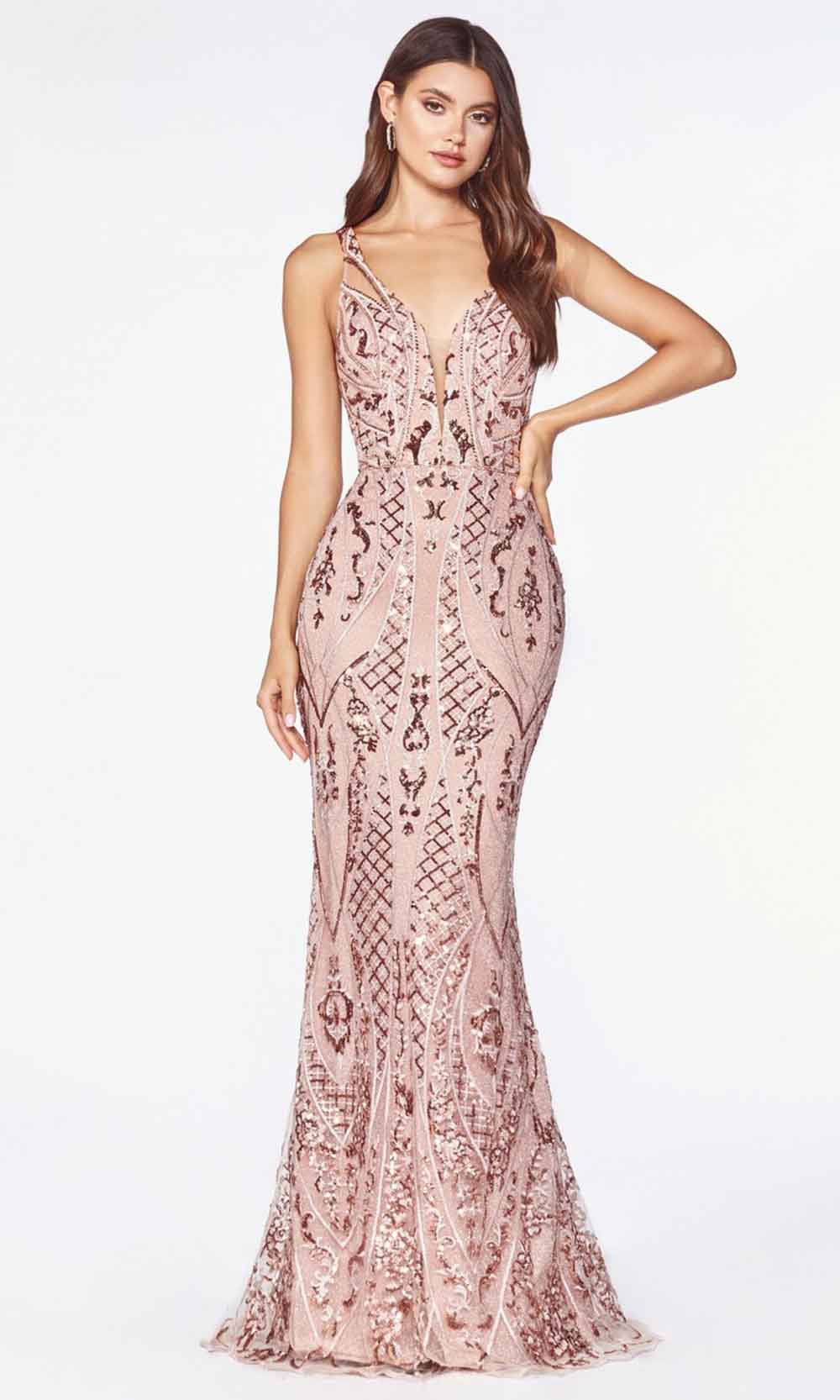 Cinderella Divine - CM9122 Geometric Sequin Long Gown In Pink