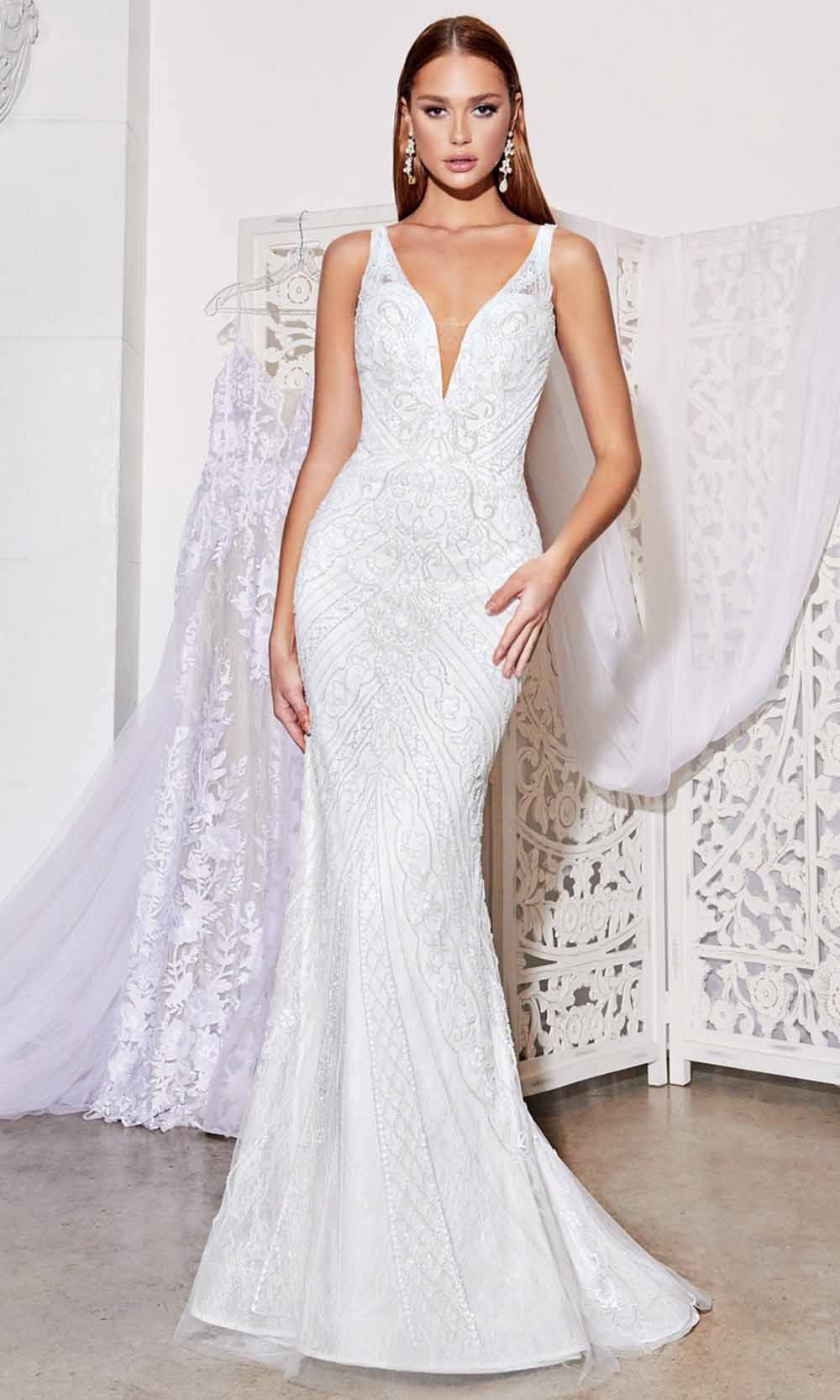 Ladivine - EW115 Fitted Beaded Gown In White