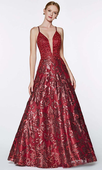 Cinderella Divine - ML923 V Neck Embellished Gown In Red and Black