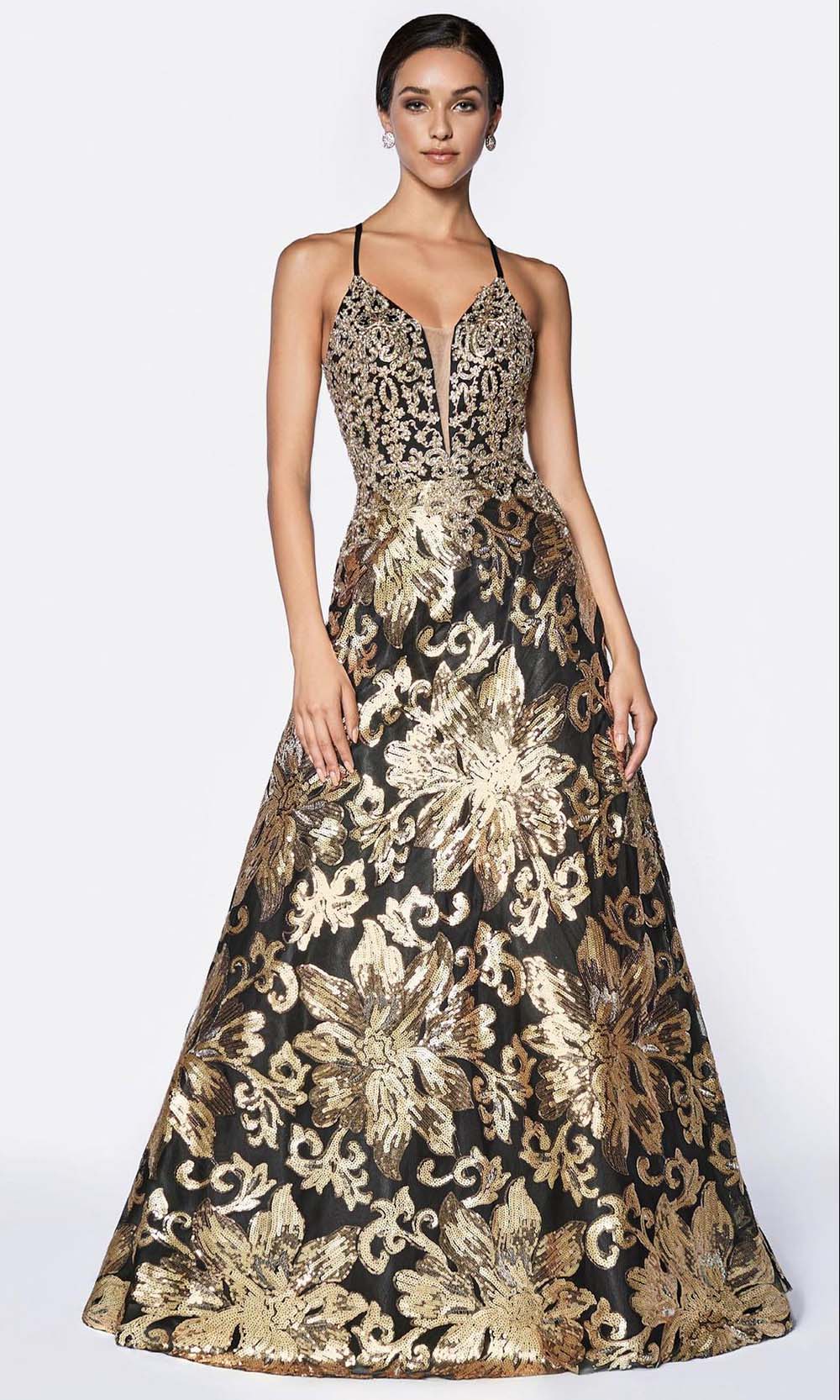 Cinderella Divine - ML923 V Neck Embellished Gown In Gold and Black