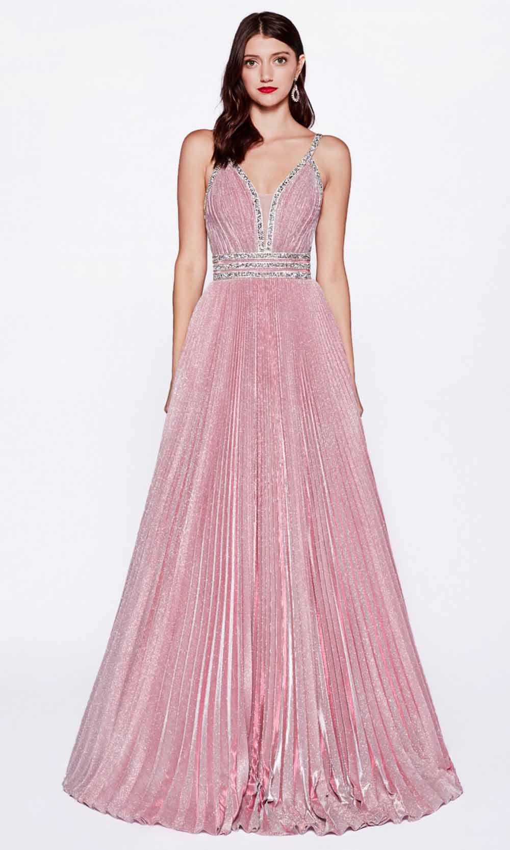 Cinderella Divine - J8589 Pleated V Neck Gown In Pink 
