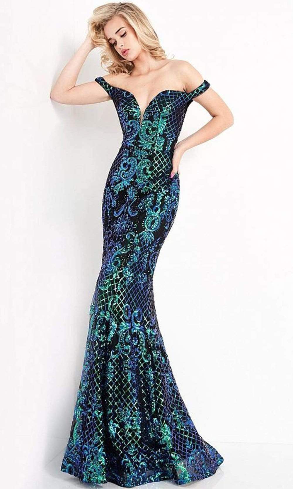 Jovani - JVN04515 Plunging Off Shoulder Neckline Embellished Gown Prom Dresses