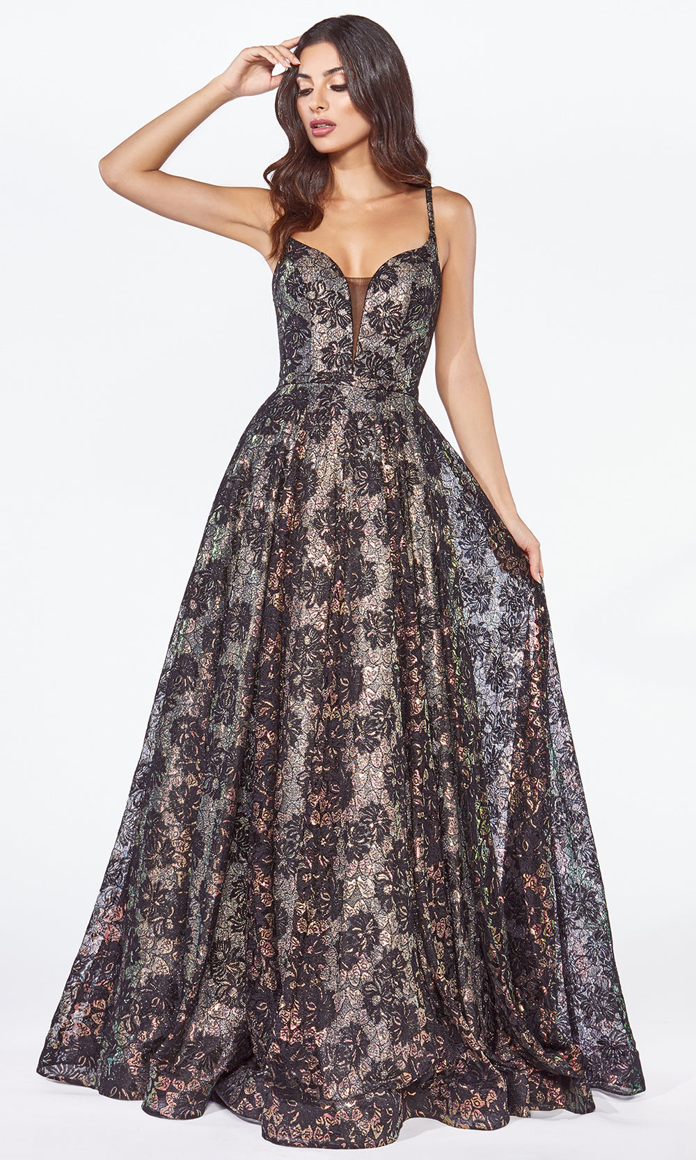 Cinderella Divine KC8932 long black lace semi ballgown dress