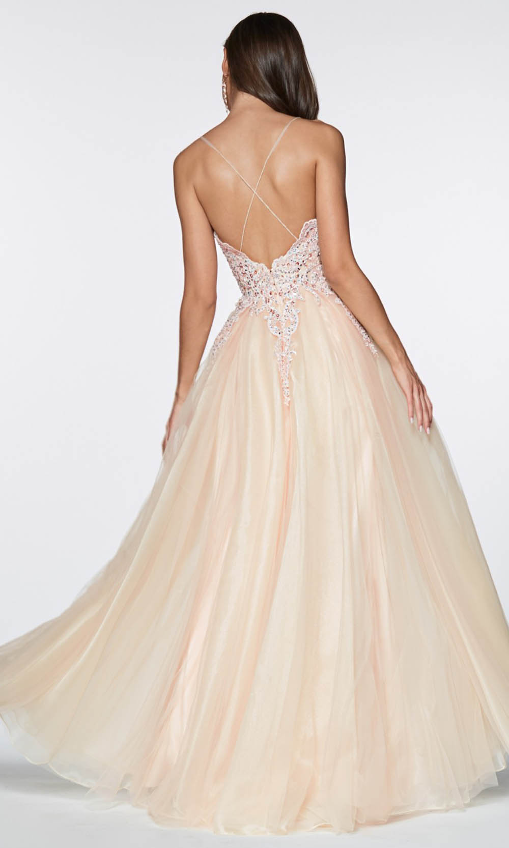 Cinderella Divine - KV1037 Beaded Tulle A-Line Gown In Champagne