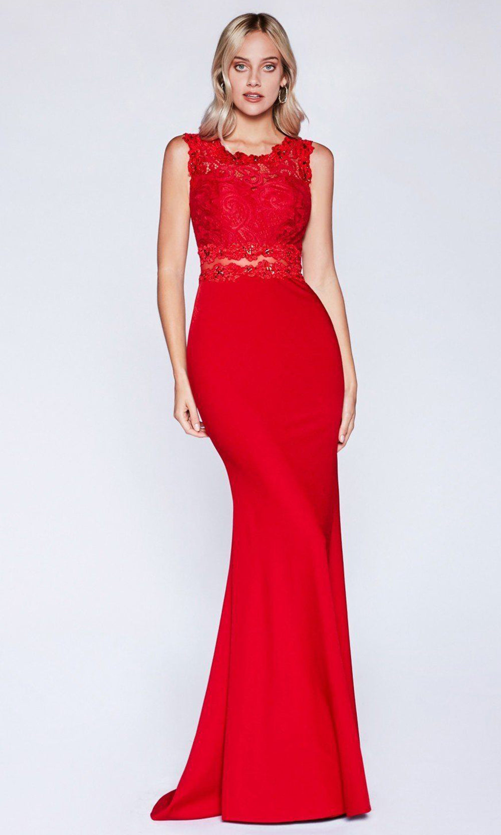 Ladivine - CF115 Lace Jewel Trumpet Dress In Red