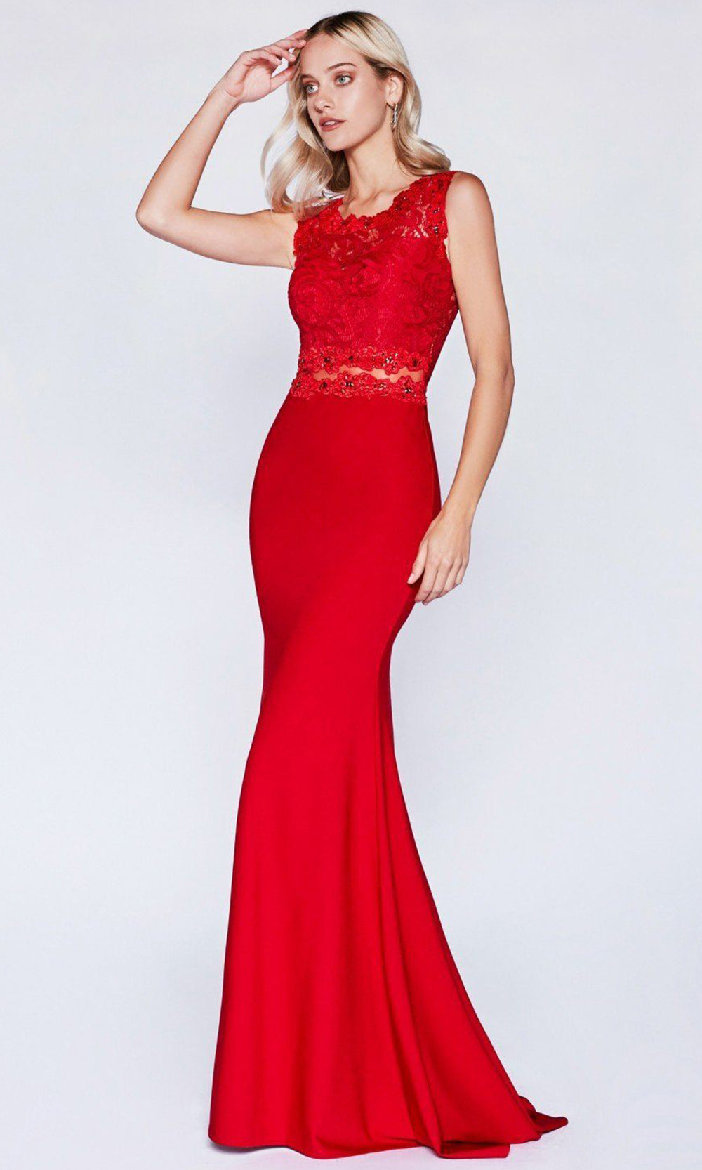 Ladivine - CF115 Lace Jewel Trumpet Dress In Red