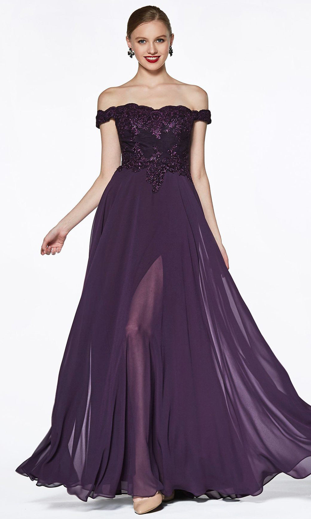 Ladivine - 7258 Scallop Chiffon A-Line Gown In Purple and Black