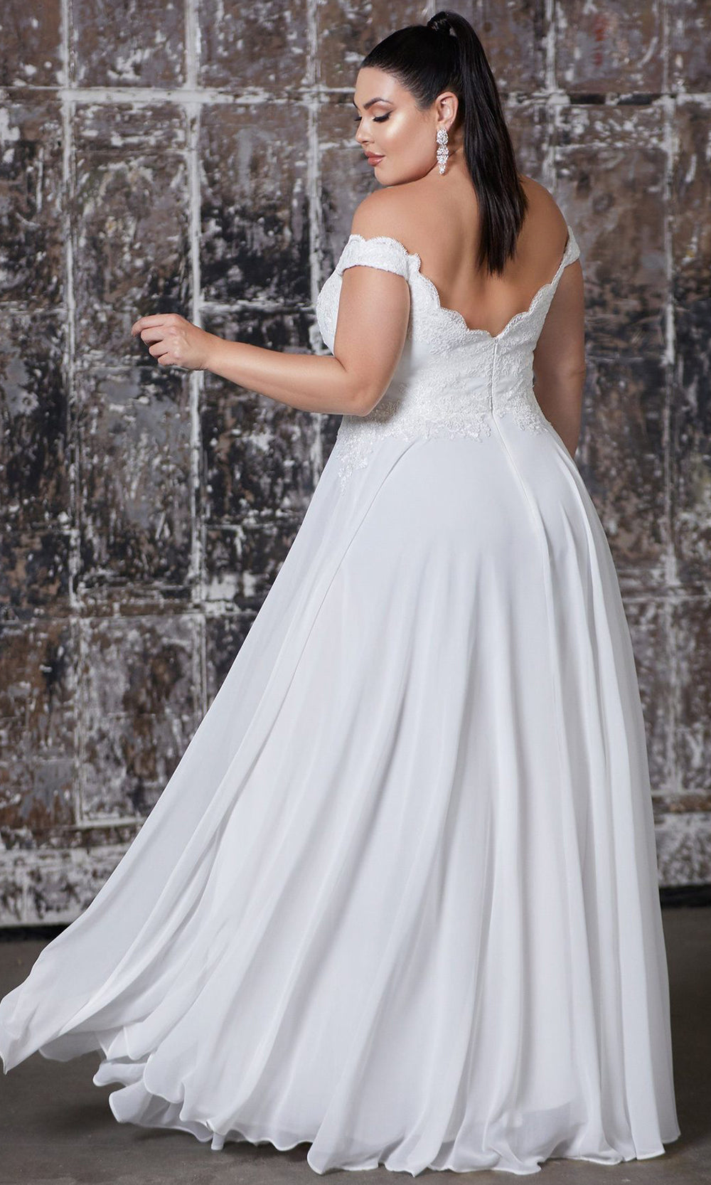 Cinderella Divine - 7258 Scallop Chiffon A-Line Gown In White