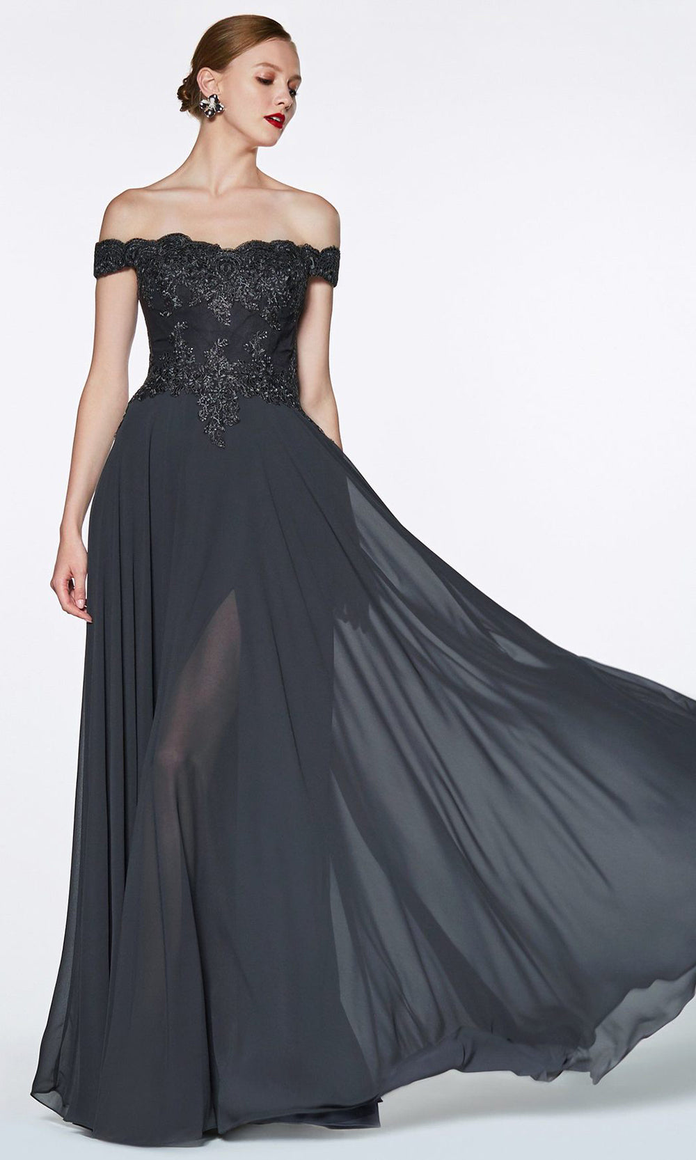 Cinderella Divine - 7258 Scallop Chiffon A-Line Gown In Black