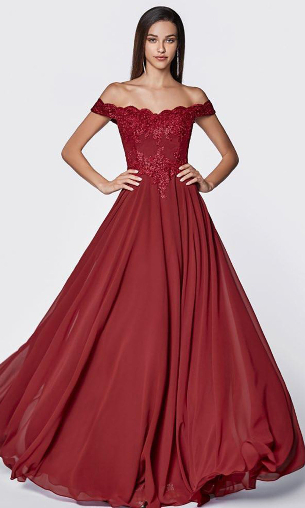 Ladivine - 7258 Scallop Chiffon A-Line Gown In Red