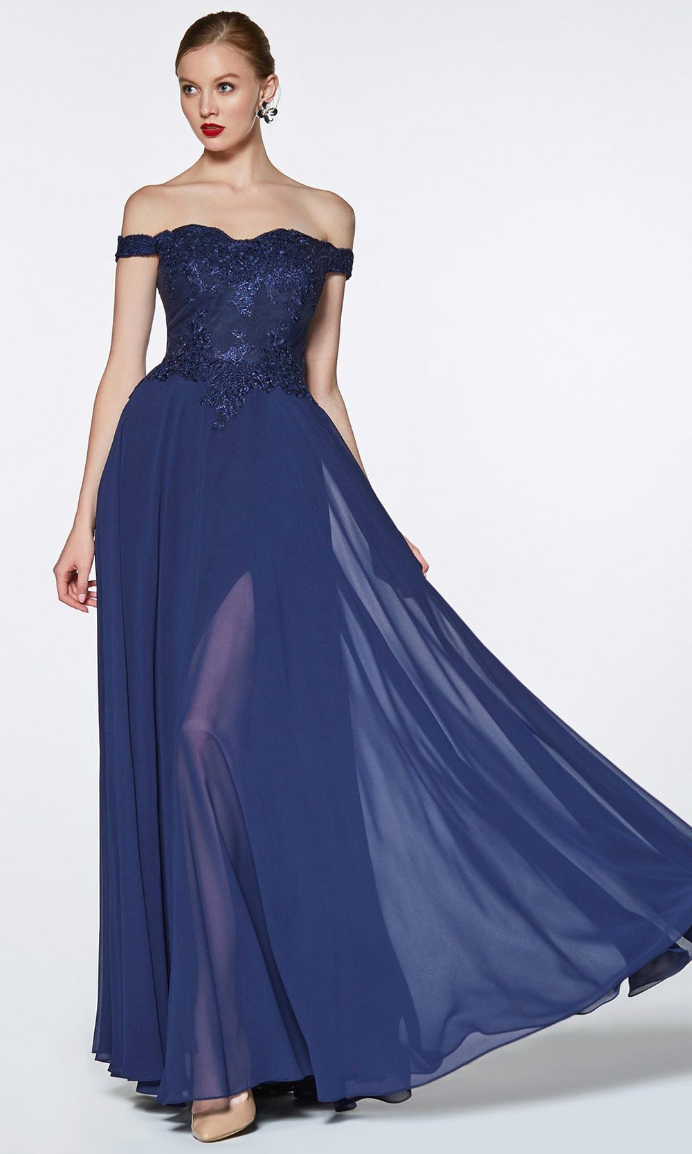 Cinderella Divine - 7258 Scallop Chiffon A-Line Gown In Blue