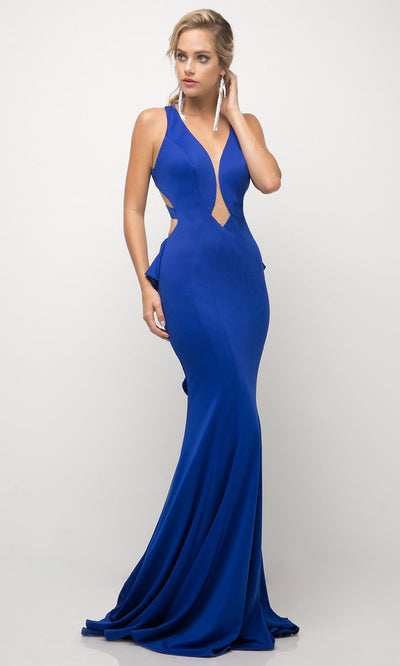 Cinderella Divine - UR137 Deep V Neck Fitted Long Dress In Blue