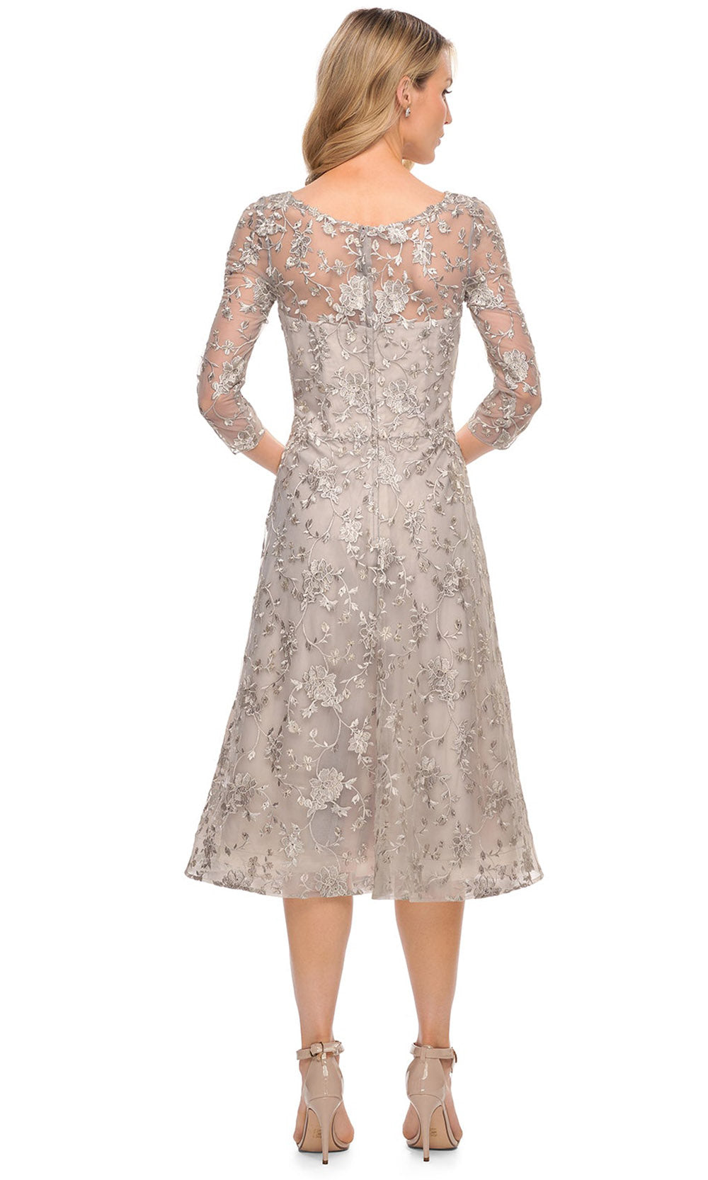 La Femme - 30004 Laced Tea Length A Line Tea Length Dress In Silver