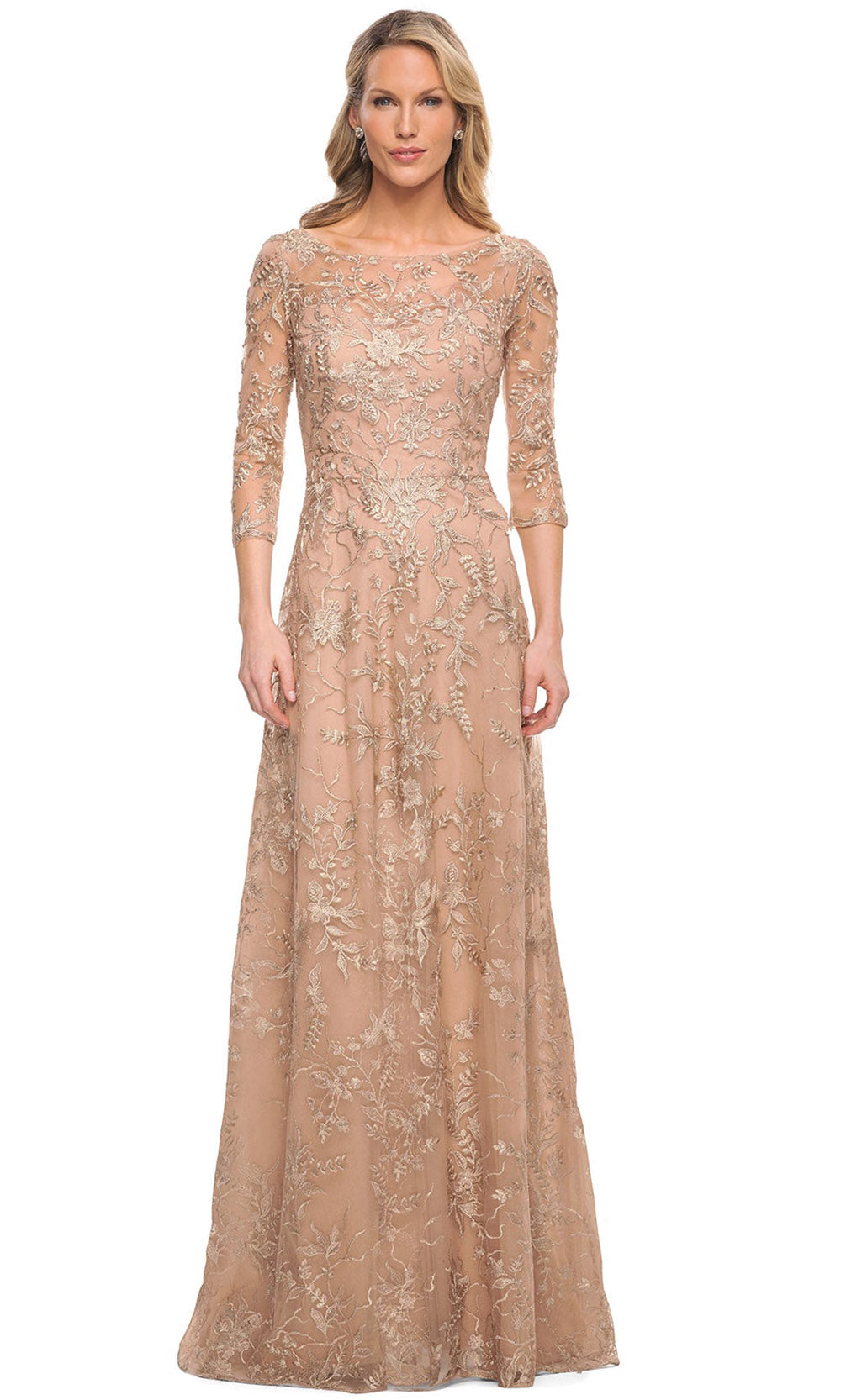 La Femme - 30021 Embroidered Bateau Neckline Sheath Dress In Gold