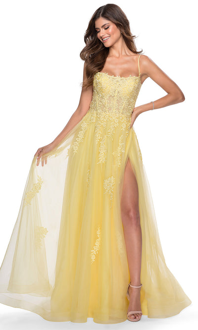 La Femme - 28470 Floral Lace Tulle Slit A-Line Gown In Yellow