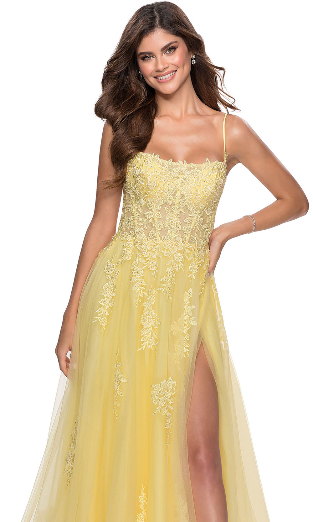 La Femme - 28470 Floral Lace Tulle Slit A-Line Gown In Yellow